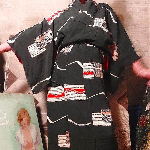 1940's - 50's abstract geometric Japanese silk kimono - Picture 8 of 15